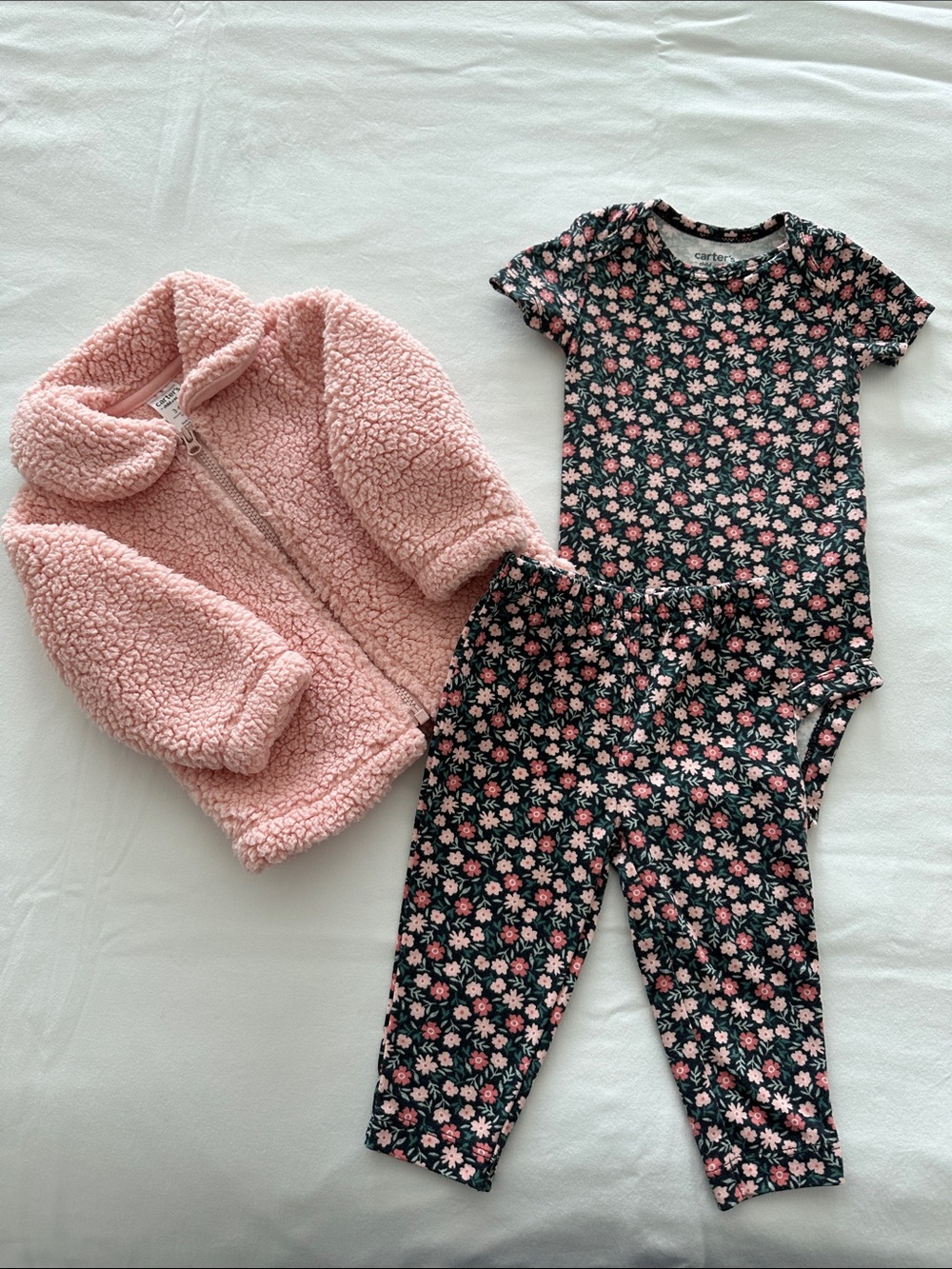 Carter's Black Floral Onesie and Pant Set with Pink Sherpa Jacket